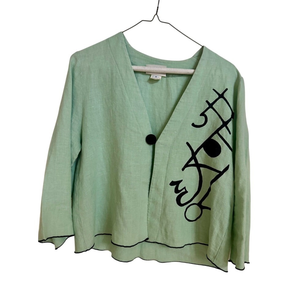 Vintage AHNI 100% Linen Wearable Art Jacket Turquoise Black Abstract Made USA S